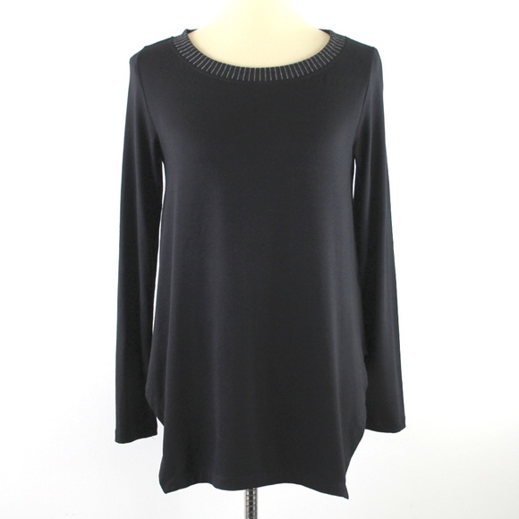 Alembika Black Grey Pinstripe Trim Crewneck Jersey Knit Pullover Tunic Top 1 XS - Picture 1 of 6